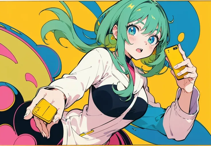 (best quality,highres),anime-style,beautiful girl holding a cell phone to her ear, clean anime-style outlines, dynamic anime pose, inspired by the art of Naka Bokunen, perfectly executed line work, vibrant colors, with a bright yellow background