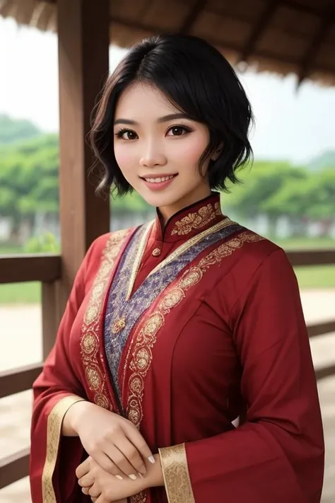 a Malay women, stunningly beautiful, short wavy hair, fair skin