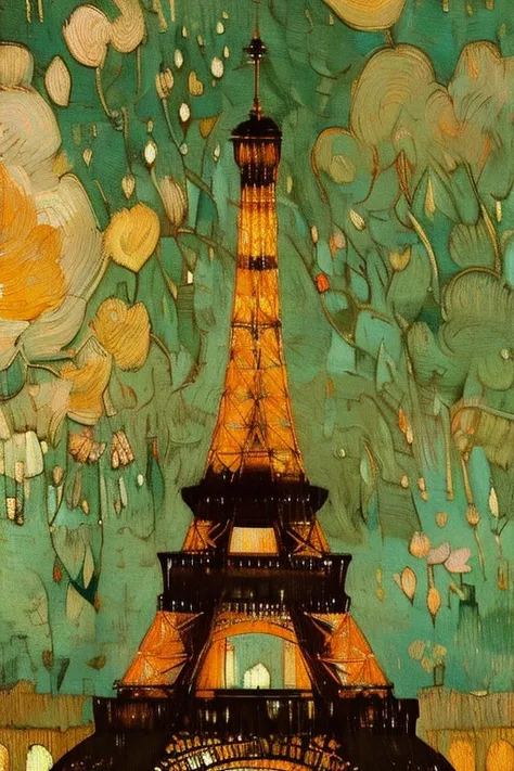 Affiche vectorielle style Van Gogh (Tour Eiffel, champ de Mars, Seine dans la ville de Paris) en terrasse le soir sur la place de la ville à Paris le soir du nouvel An avec les décorations de Noël ; peinture naturalisme impressionniste pointillisme couleur...