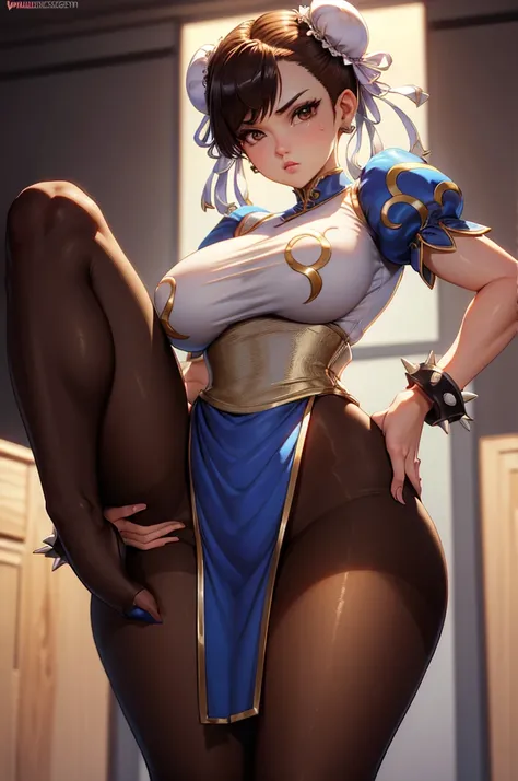 chun li suéter branco oversized, linda mulher,cabelos curtos e pretos, morena , usando sueter branco apertado, brown tights, num quarto a noite, pose sexy, belos olhos detalhados, olhos detalhados,belas coxas, coxas sexy, brown pantyhose belos olhos detalh...