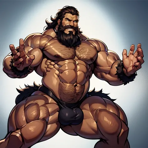 A naked muscular hairy man with a brown skin, a big amount of chest hair, a black beard, black hair, with big penis ,and some cum on his abs and some scars, raising both hands wide open as he is smirking while having a side smile, let him have a pierced in...