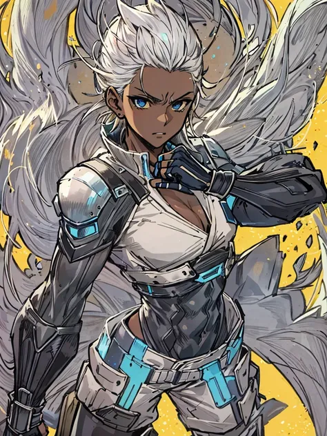 Masterpiece, best quality, high-res, extremely detailed, solo, a character portrait inspired by Masamune Shirow, trending on pixiv, by Masamune Shirow, 1girl, (dark brown skin tone:1.2), white hair, short spiky white hair, spiky hair, blue eyes, detailed b...