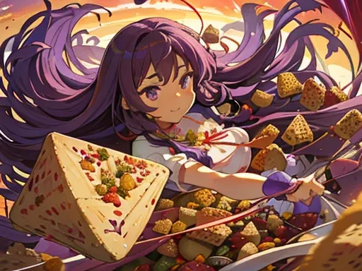 Serve large purple sweet potato jam、Girl with long afro hair flying low in the air wearing boiling big strawberry cake armor、amazing dynamism、great angle、Unstable buoyancy sandstorm、(((A lot of gentle oversized dried fruit cubes float closely and chase)))、...