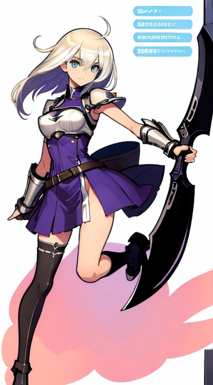 (((Best Quality))) , ((full body)), female, character design, solo, (white background), holding axe, gauntlets, waist armor, thigh high, side slit trench skirt, blue, green, violet, brown, white, colorful outfit, bare arms, bareback, bodices,