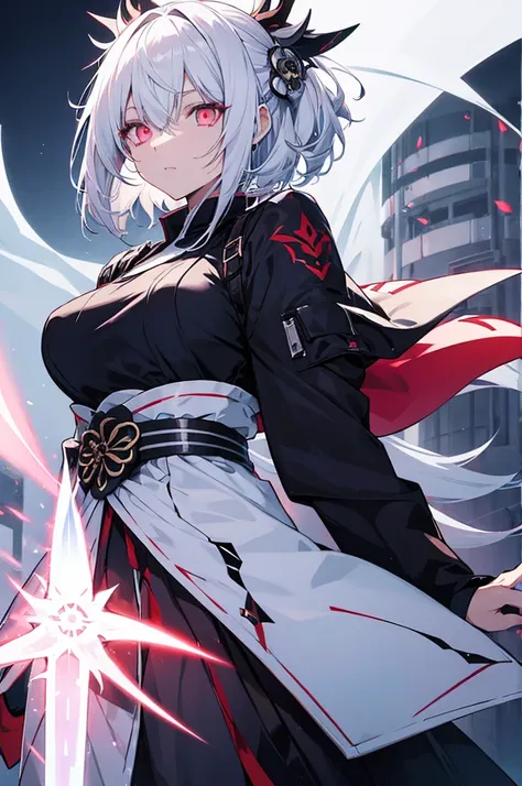 A female character from Japan with white hair, glowing eyes and daggers and a breeze around her with a white background with 2024 written on the front at the bottom with the letters radiating colors around