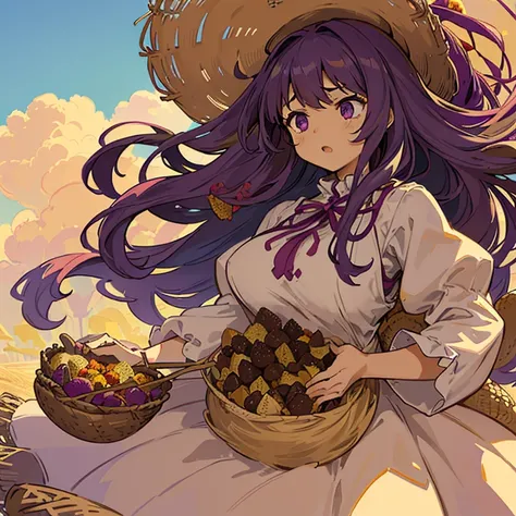 A girl with long afro hair flying low in the air covered in boiling large strawberry cake armor serving a large purple potato jam、amazing dynamism、amazing angle、unstable buoyancy sandstorm、(((Lots of friendly oversized dried fruit cubes floating densely to...