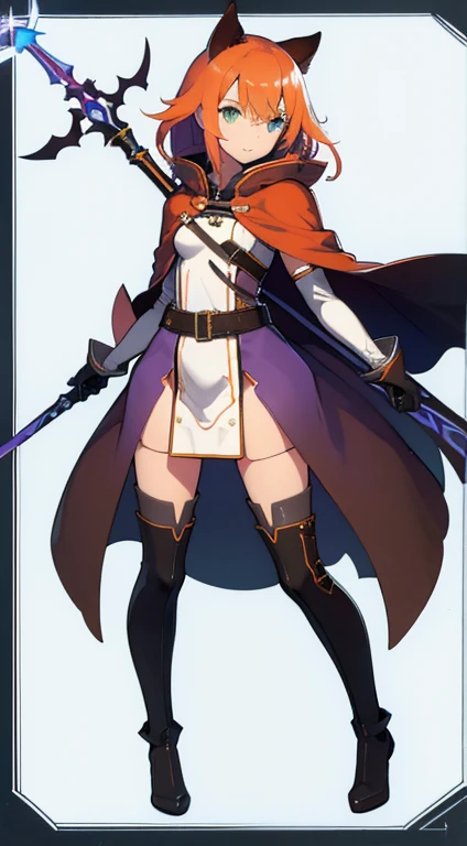 (((Best Quality))) , ((full body)), female, character design, solo, (white background), holding staff, gloves, cloak, thigh high, side slit trench skirt, blue, orange, green, violet, brown, white, colorful outfit, bodices,