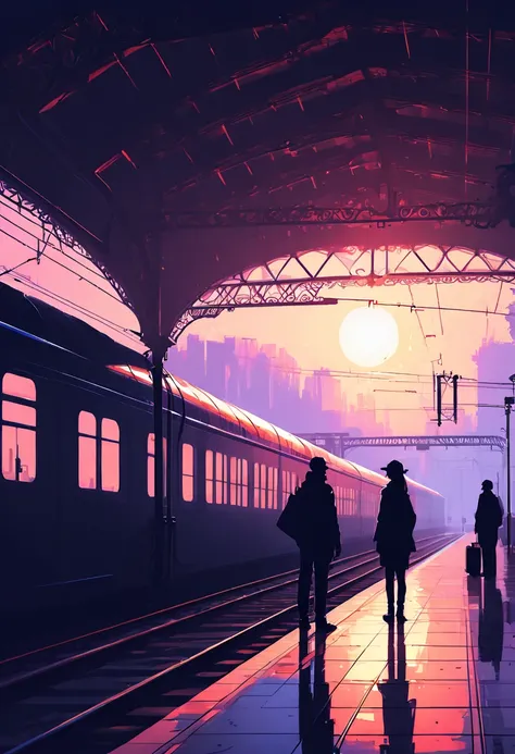 Silhouette Art of railway station, by Alena Aenami, enhance, intricate, (best quality, masterpiece, Representative work, official art, Professional, unity 8k wallpaper:1.3)