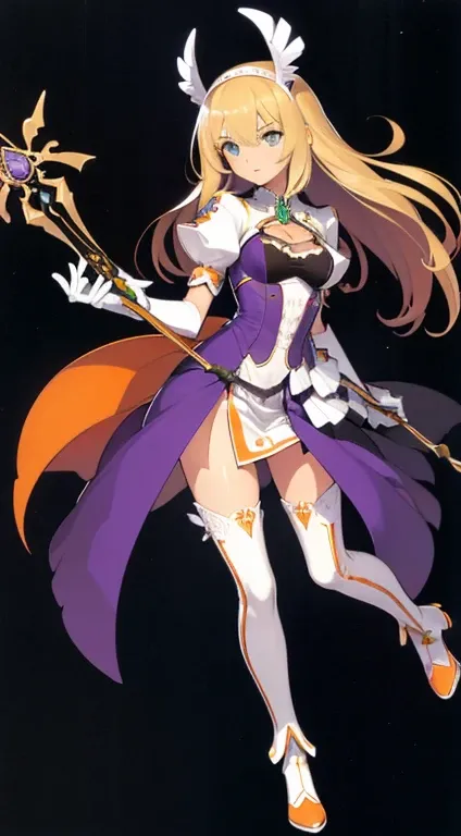 (((Best Quality))) , ((full body)), female, character design, solo, (white background), holding staff, gloves, thigh high, side slit trench skirt, blue, orange, green, violet, brown, white, colorful outfit, Bust Bodice,