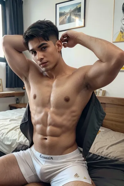 Joven, masculino, 19 year old, cabello castallo rubio, corte de pelo corto ondulado, ojos cafe, piel blanca, labios bonitos, mono amarillo claro, Realismo, 4K, alto detalle, musculos, pantalon de mezclilla azul oscuro, in the room, acostado en la cama, sex...