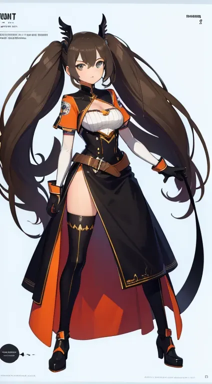 (((Best Quality))) , ((full body)), female, reference sheet, solo, (white background), holding weapon, gloves, waist armor, thigh high, side slit trench skirt, blue, orange, green, violet, brown, white, Bust Bodice,