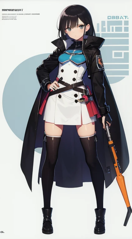 (((Best Quality))) , ((full body)), female, reference sheet, solo, (white background), holding weapon, gloves, waist armor, thigh high, side slit trench skirt, blue, orange, green, violet, brown, white, Bust Bodice,