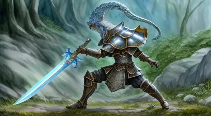 Kobold(compact anthro xenopus), scalemail armor, stone polearm, crystal sword, dynamic pose, expressive hands, crystal cave complex(watercolor and ink), realistic impressionist painting, ultra detailed, full-body portrait, superb quality, hyperdetailed, wh...