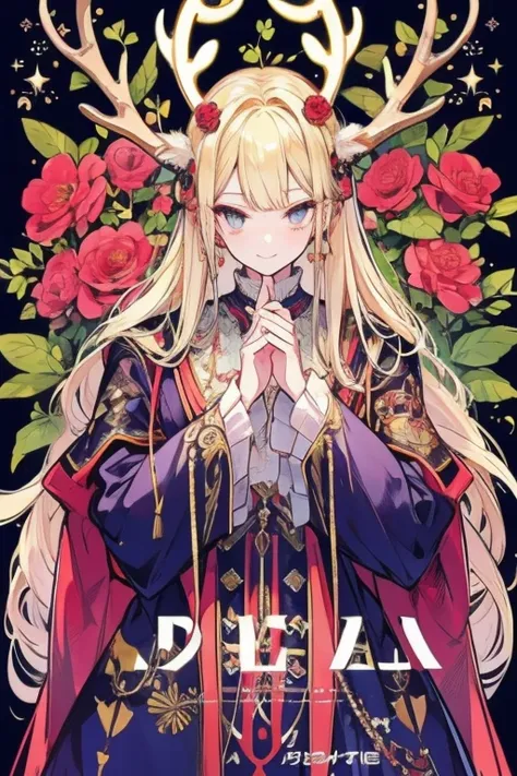 Unparalleled beauty,perfect face、I&#39;m in a beautiful flower garden、magazine cover、(male people、male peopleだけ),perfect eyes、old-fashioned costume、retro style、Deer antlers grow from the head、、golden eyes、blonde、shy smile、lick your fingers with your tongue...