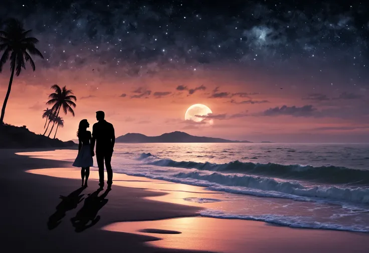 (high resolution, realistic) Silhouette Art, professional backlit image of a couple in love on the beach, in the moonlight, with a spectacular sky, black sand, gentle waves, shining stars, bright moonbeams, romantic atmosphere , soft, fine colors. details,...