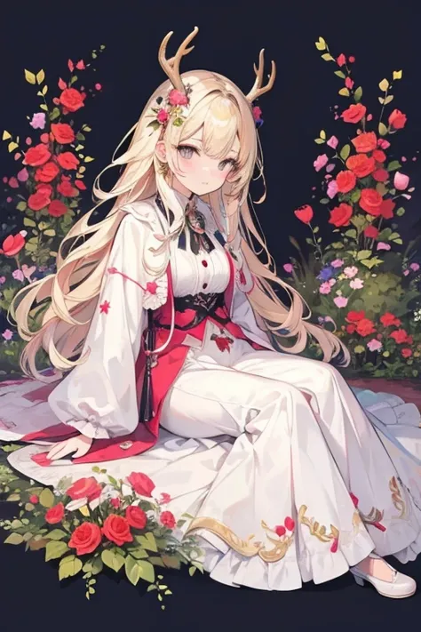 Unparalleled beauty,perfect face、Lie down in a beautiful flower garden、,Perfect Eye、old-fashioned costume、retro style、Deer antlers grow from the head、、golden eyes、blonde、Shy laughter、、Luxury brand clothes、Outerwear、ファッションmodeled、modeled、、Full body Esbian,