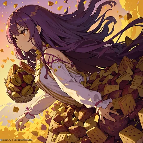 A girl with long afro hair flying low in the air covered in boiling large strawberry cake armor serving a large purple potato jam、amazing dynamism、amazing angle、unstable buoyancy sandstorm、(((Lots of friendly oversized dried fruit cubes to chase with float...