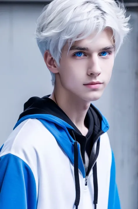 An angel boy wearing a black hoodie with white hair and blue eyes