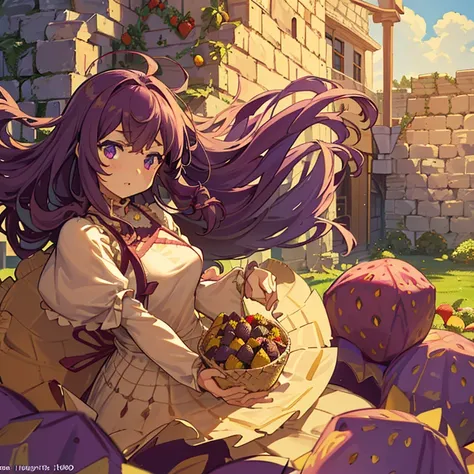 A girl with long afro hair flying low in the air covered in boiling large strawberry cake armor serving a large purple potato jam、amazing dynamism、amazing angle、unstable buoyancy sandstorm、(((Lots of friendly oversized dried fruit cubes chase you on the fl...