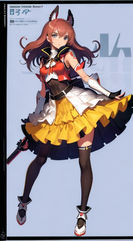 (((Best Quality))) , ((full body)), female, character design, solo, (white background), holding weapon, gloves, waist armor, thigh high, side slit trench skirt, blue, orange, green, violet, brown, white, colorful outfit, vest, bare arms, bareback, tactical...