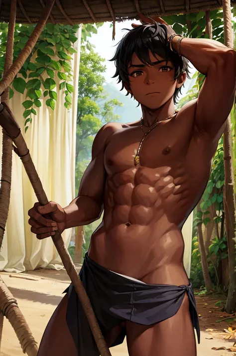 A dark-skinned, short-haired, slender macho tribal boy wearing a tattered loincloth., jungle village, Preparing a bed of leaves in the hut, barbarian