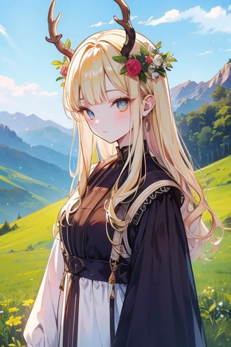 Unparalleled beauty,perfect face、rivulets、grassland、the morning sun、Beautiful mountain views、,perfect eyes、old-fashioned costume、retro style、Deer antlers grow from the head、、golden eyes、blonde、shy smile、、Luxury brand clothes、Outerwear、ファッションmodeled、modeled...