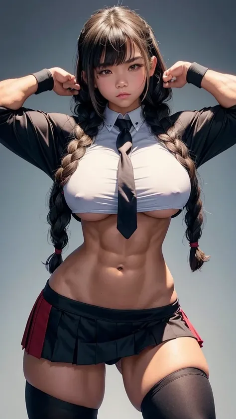 Muscular busty teen young Jenna Ortega, school girl, huge strong biceps, tonned strong abs, huge round boobs, enormous firm tits, hyper muscular, bodybuilder muscles, bursting in strength, large hips, japanese tie uniform clothes, black uniform, wednesday ...