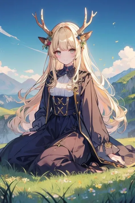 Unparalleled beauty,perfect face、rivulets、grassland、messy hair、hold up a beautiful bouquet、Beautiful mountain views、,perfect eyes、old-fashioned costume、retro style、Deer antlers grow from the head、、golden eyes、blonde、shy smile、、Luxury brand clothes、Outerwea...