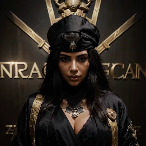 "Kim Kardashian, pirate Captain, beautiful, tattoo, face mask, big fur, wearing Full Black Silk suit with Gold accents, dark eyes, dark imca background , intricate details, cinematic lighting, photo realistic, portrait, Realism, Realistic, Dark Art, dark g...