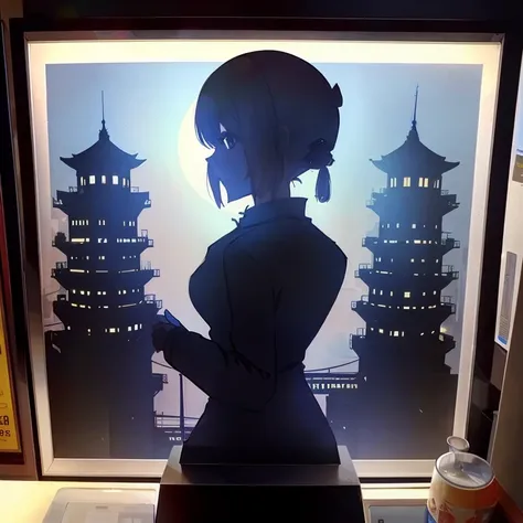 anime style pictures：a woman in a black dress stands in front of the window, detailed contour, animes, animation lighting, conto...