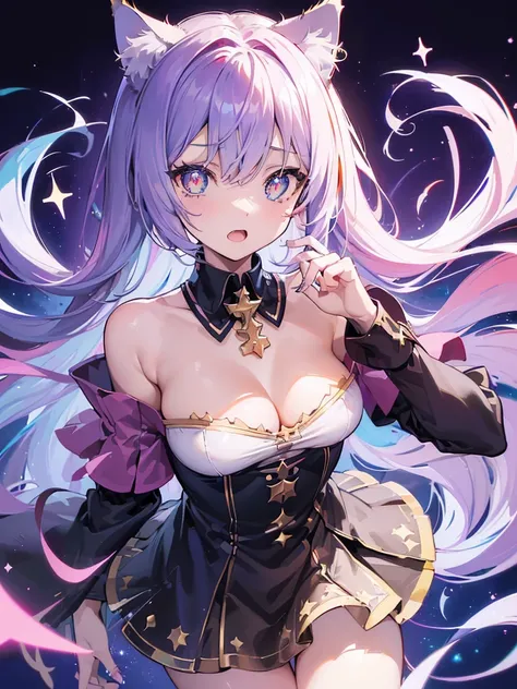 (masutepiece, best quality), ((1 girl, (mature woman) long hair), (star-shaped pupil,  +_+, pupil in the shape of a symbol, sparkling eyes), (cat ears, open your mouth)), (watching at viewers, light smile, off shoulder), (abstract, colorful background, abs...