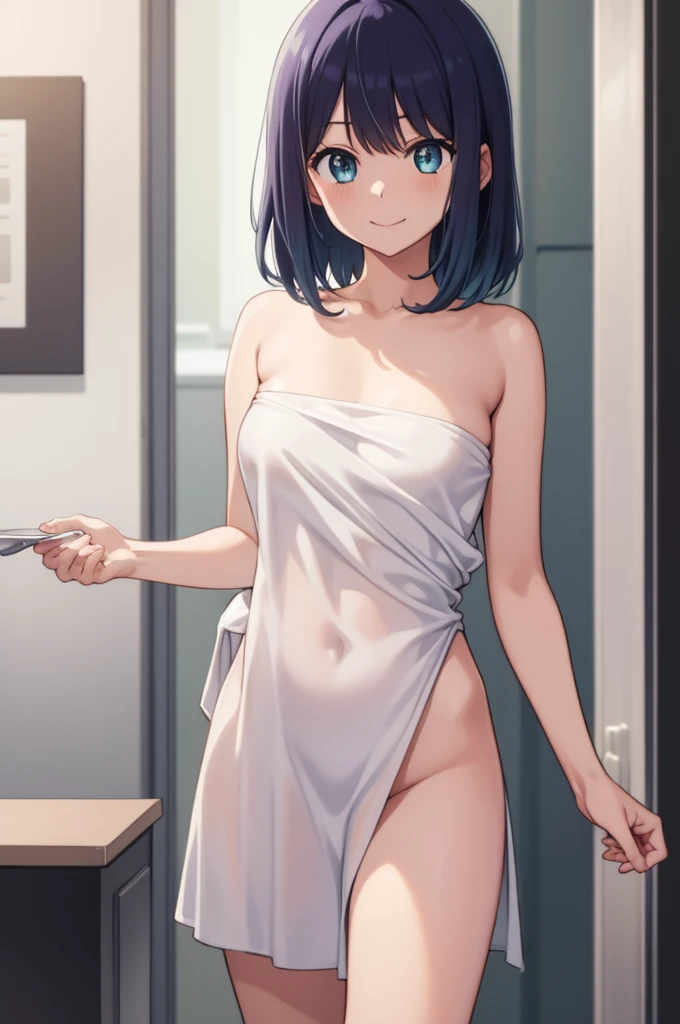 Akane Kurokawa、Akane Kurokawa、light blue eyes、blue hair、Medium hair、side lock、 BREAK is a naked body wrapped in a towel、red blush、Smile BREAK is looking at the viewer、 BREAK is indoors、stripping room、Full-body standing figure、 BREAK (masutepiece:1.2)、highe...