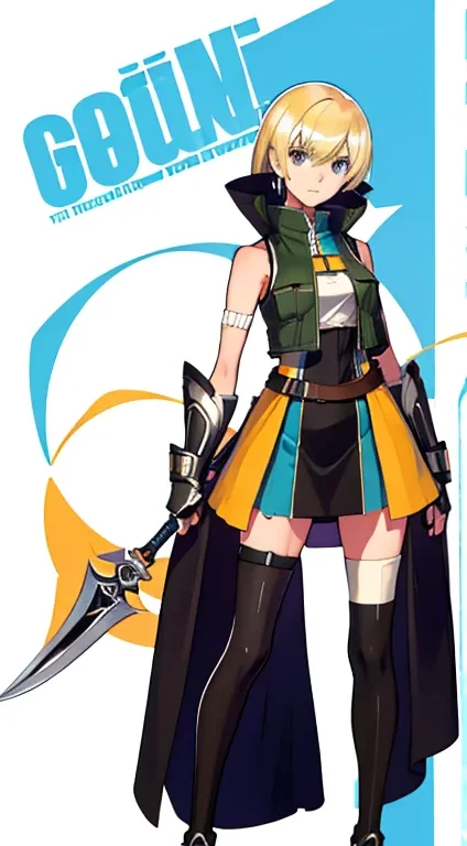 (((Best Quality))) , ((full body)), female, character design, solo, (white background), holding axe, gauntlets, waist armor, thigh high, side slit trench skirt, blue, orange, green, violet, brown, white, colorful outfit, vest, bare arms, bareback, tactical...