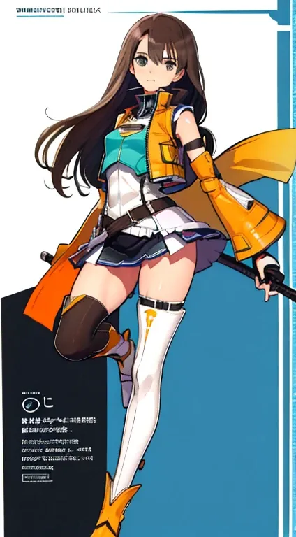 (((Best Quality))) , ((full body)), female, character design, solo, (white background), holding axe, gauntlets, waist armor, thigh high, side slit trench skirt, blue, orange, green, violet, brown, white, colorful outfit, vest, bare arms, bareback, tactical...