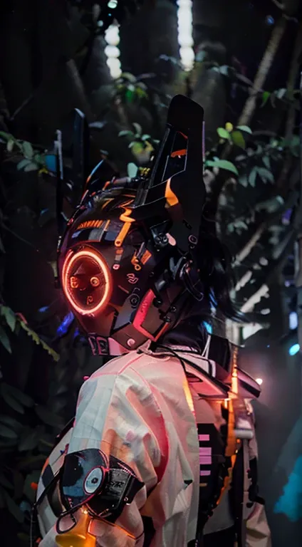 original, masterpiece, best quality, a cyborg woman in a orange circle light up black cyberhelmet with White ears, wearing Neon pink jacket, night day, on the forest ,epic detail, 64K