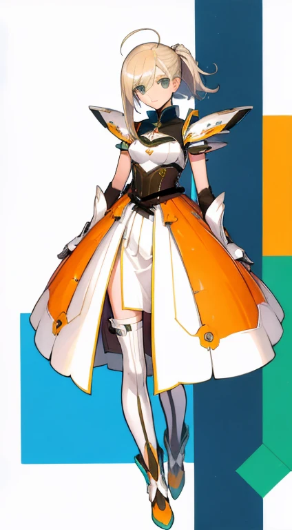 (((Best Quality))) , ((full body)), female, character design, solo, (white background), holding weapon, gloves, waist armor, thigh high, side slit trench skirt, blue, orange, green, violet, brown, white, colorful outfit, vest, bare arms, bareback, tactical...