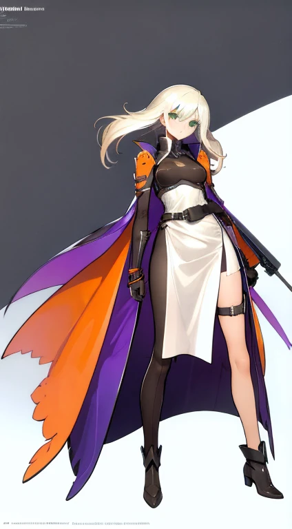 (((Best Quality))) , ((full body)), female, character design, solo, (white background), holding weapon, gloves, waist armor, thigh high, side slit trench skirt, blue, orange, green, violet, brown, white, colorful outfit, vest, bare arms, bareback, tactical...