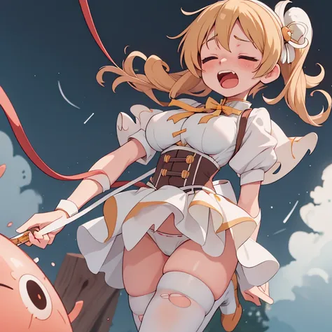 comic, mami tomoe, masterpiece, best quality, highres, big breast, pain, screaming, closed eyes, (torn clothes, white panties:1.2), tentacle leash, outdoor