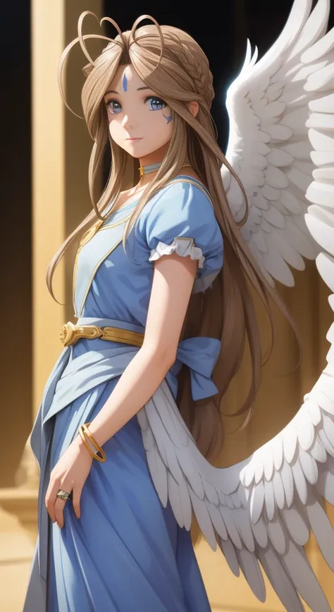 (masterpiece), best quality, high resolution, belldandy, long hair, blue eyes, brown hair, facial mark, forehead mark, gloves, w...