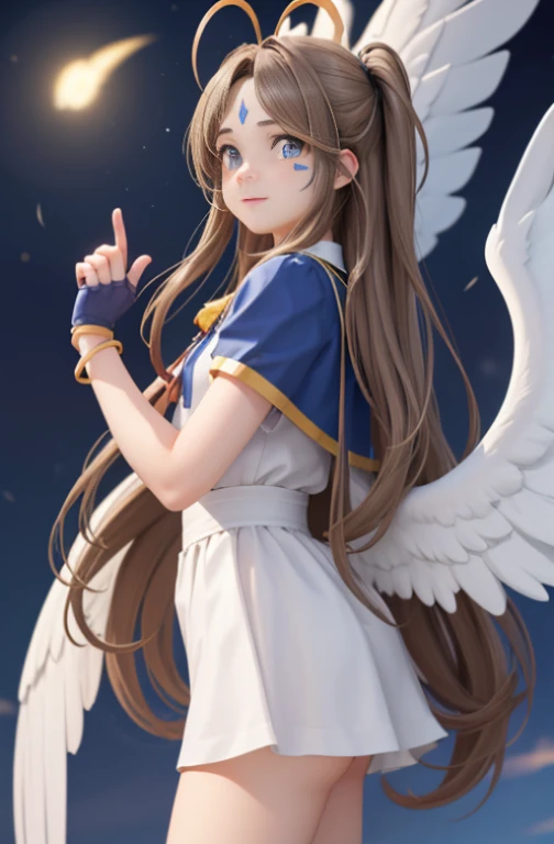 (Masterpiece), best quality, high resolution, Bell Dandy, long hair, blue eyes, brown hair, facial mark, Forehead marker, glove, wings, Neck throttle, bracelet, rings, body hair, angel wings, View from the side:0.6, (Forrest:1.1), stand, 20 age, Happy new ...