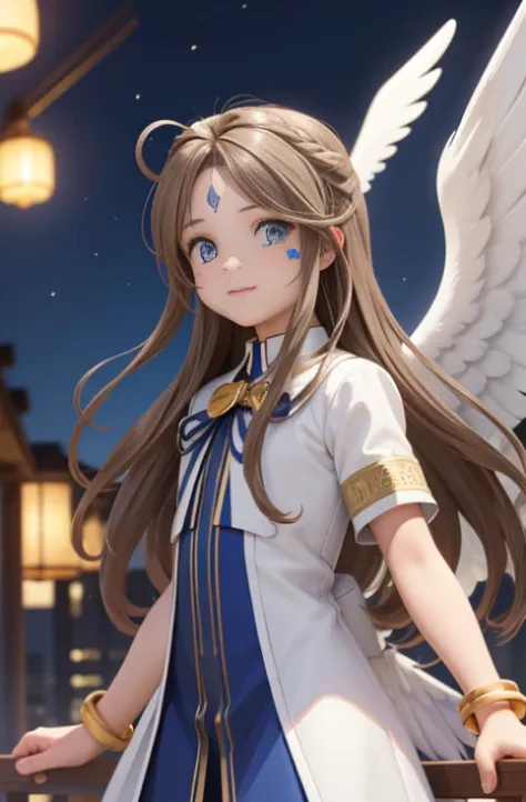 (Masterpiece), best quality, high resolution, Bell Dandy, long hair, blue eyes, brown hair, facial mark, Forehead marker, glove, wings, Neck throttle, bracelet, rings, body hair, angel wings, View from the side:0.6, (Forrest:1.1), stand, 20 age, Happy new ...