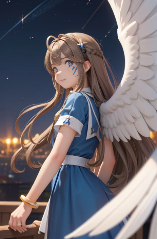 (Masterpiece), best quality, high resolution, Bell Dandy, long hair, blue eyes, brown hair, facial mark, Forehead marker, glove, wings, Neck throttle, bracelet, rings, body hair, angel wings, View from the side:0.6, (Forrest:1.1), stand, 20 age, Happy new ...