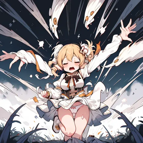 comic, mami tomoe, masterpiece, best quality, highres, big breast, pain, screaming, closed eyes, (torn clothes, white panties:1.2), tentacle leash, outdoor