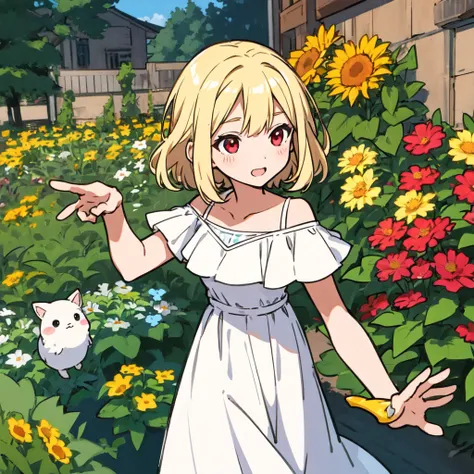 anime, girl single, blonde, red eyes, white dress, off-the-shoulder, flower garden,