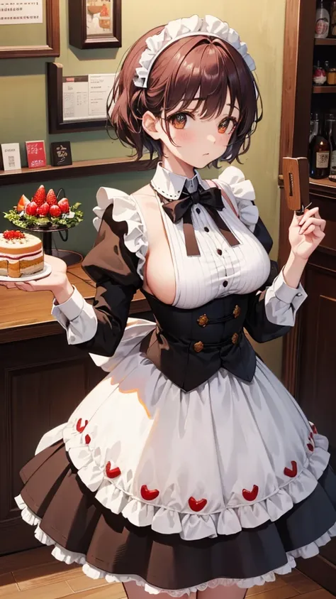 promo photo, The place is a coffee shop, 1 girl, 16-year-old face, Waitress carrying cake to table, Red-headed twin-tailed, kind face, Gothic Lolita half costume and maid costume with strawberry image, Clothes based on white,big breasts