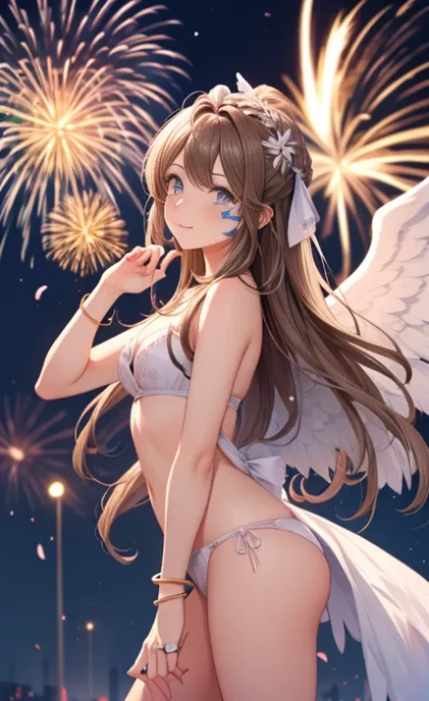 (Masterpiece), best quality, high resolution, Bell Dandy, long hair, blue eyes, brown hair, facial mark, Forehead marker, glove, wings, Neck throttle, bracelet, rings, body hair, angel wings, View from the side:0.6, (Forrest:1.1), stand, 25 years old, Happ...