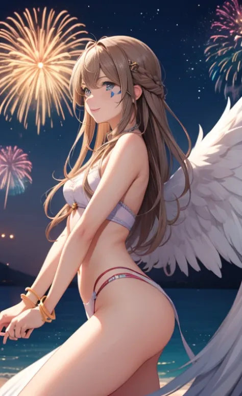 (Masterpiece), best quality, high resolution, Bell Dandy, long hair, blue eyes, brown hair, facial mark, Forehead marker, glove, wings, Neck throttle, bracelet, rings, body hair, angel wings, View from the side:0.6, (Forrest:1.1), stand, 25 years old, Happ...