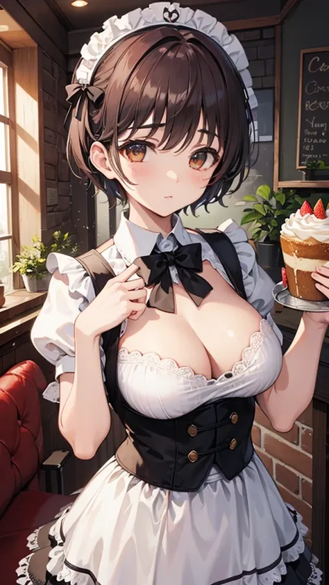 promo photo, The place is a coffee shop, 1 girl, 16-year-old face, Bitch waitress carrying cake to table, Red-headed twin-tailed, kind face, Half Gothic Lolita costume and strawberry-inspired maid costume with exposed breasts, Clothes based on white,huge t...