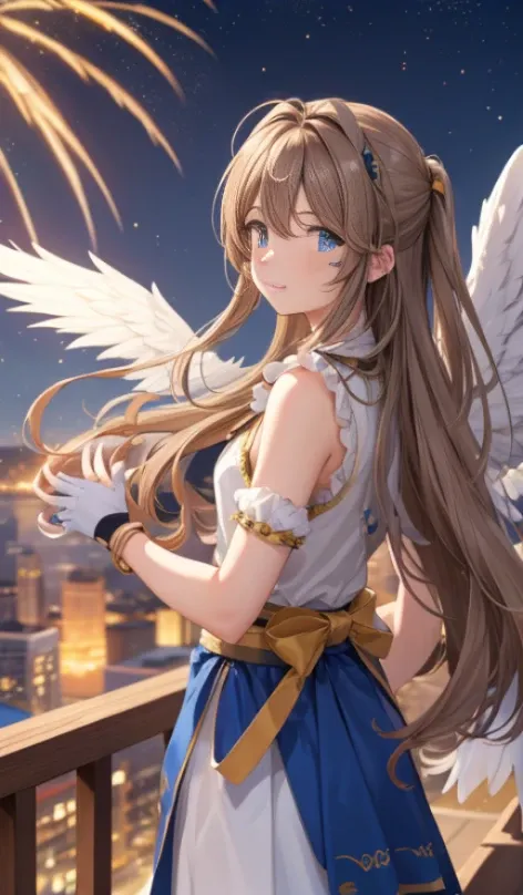 (Masterpiece), best quality, high resolution, Bell Dandy, long hair, blue eyes, brown hair, facial mark, Forehead marker, glove, wings, Neck throttle, bracelet, rings, body hair, angel wings, View from the side:0.6, (Forrest:1.1), stand, 25 years old, Happ...