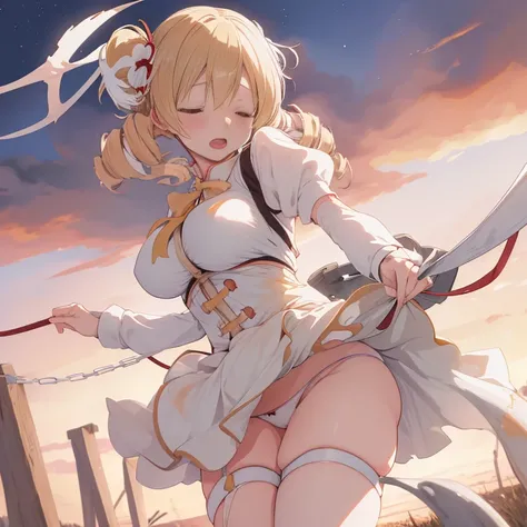 comic, mami tomoe, masterpiece, best quality, highres, big breast, pain, screaming, closed eyes, (torn clothes, white panties:1.2), tentacle leash, outdoor